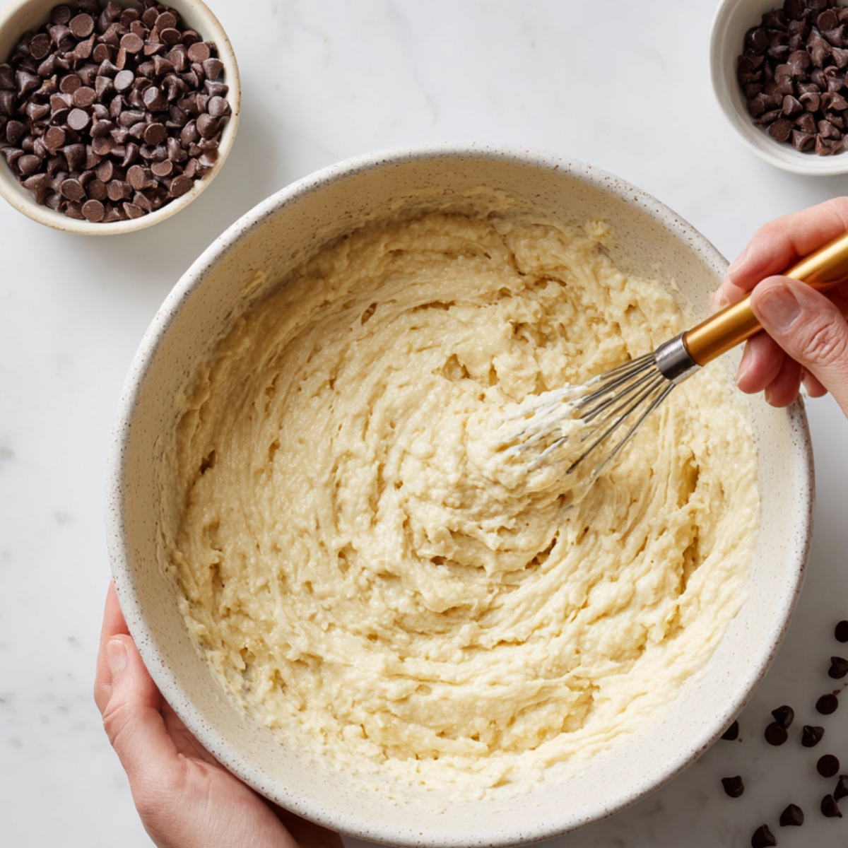"A person whisking banana bread batter in a large mixing bowl, with small bowls of chocolate chips nearby on a white countertop."