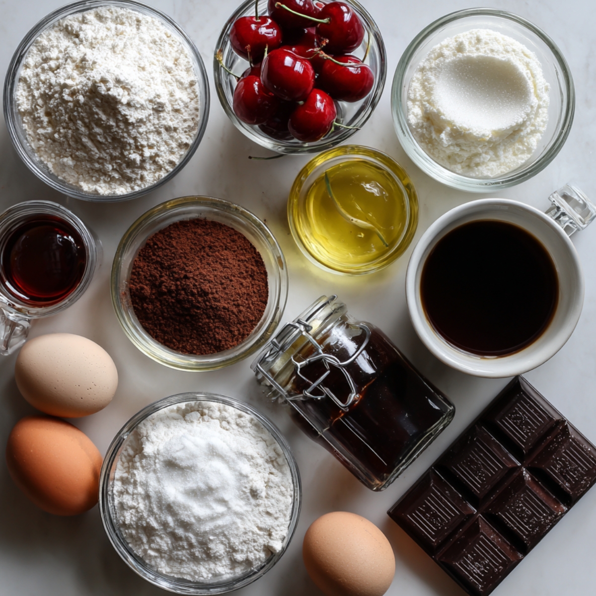 Assorted Black Forest cake ingredients including flour, cocoa, sugar, eggs, cherries, chocolate, coffee, oil, and vanilla laid out in glass bowls