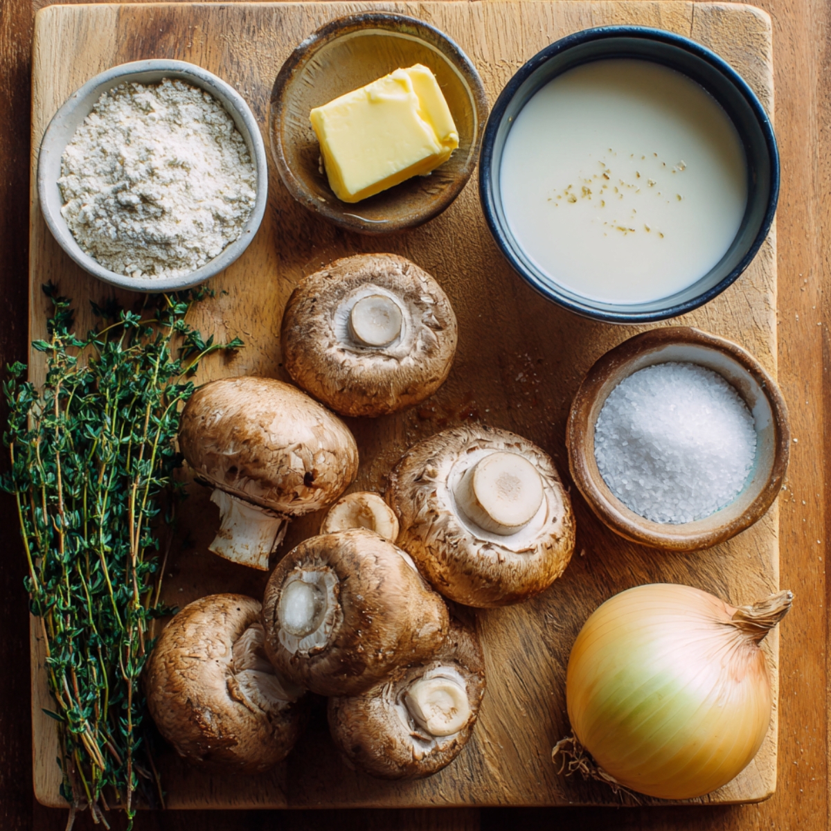 Fresh mushroom soup ingredients arranged on a wooden board — mushrooms, butter, onion, milk, flour, thyme, and salt.