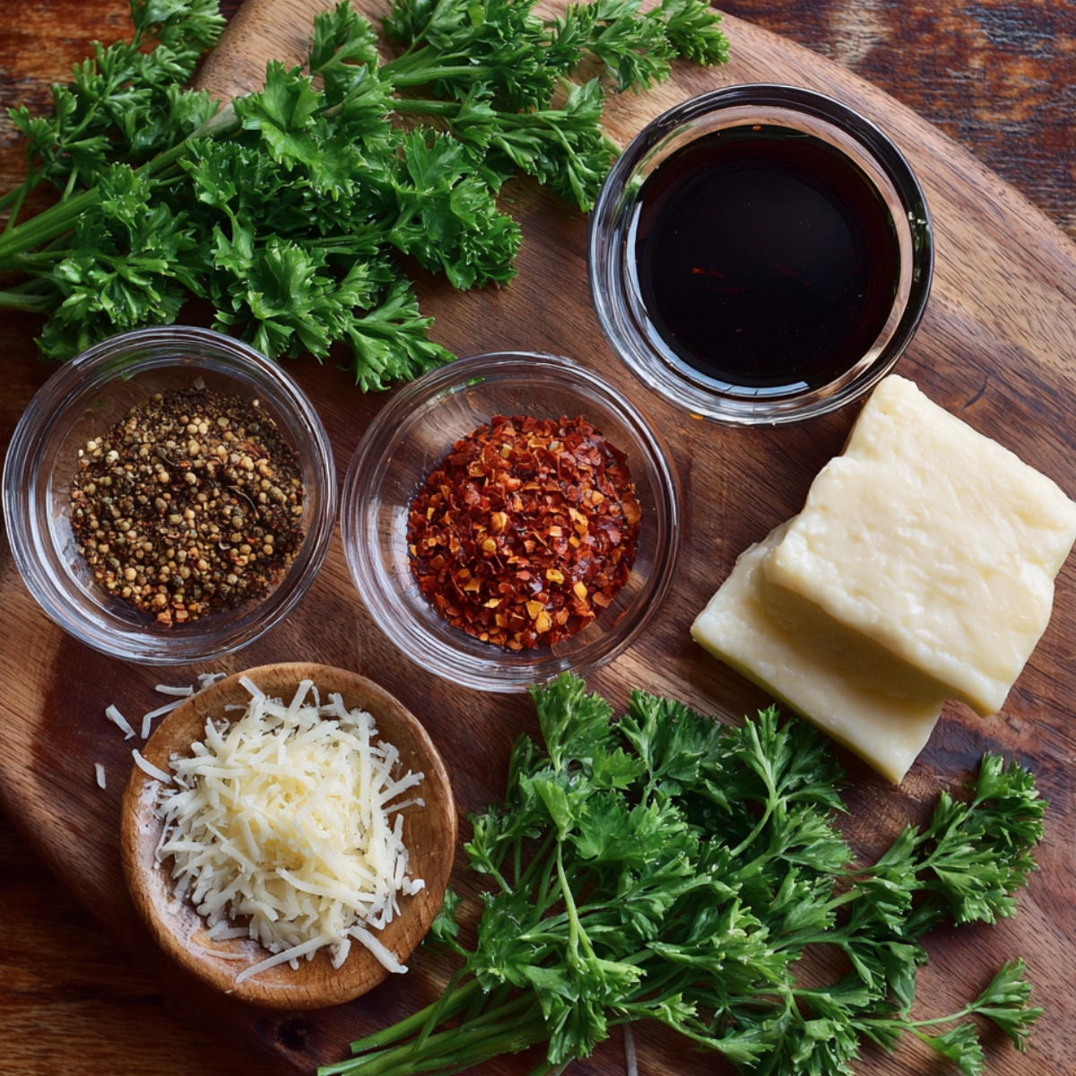 Fresh ingredients including parsley, grated Parmesan cheese, red pepper flakes, cracked pepper, and soy sauce on a wooden board.