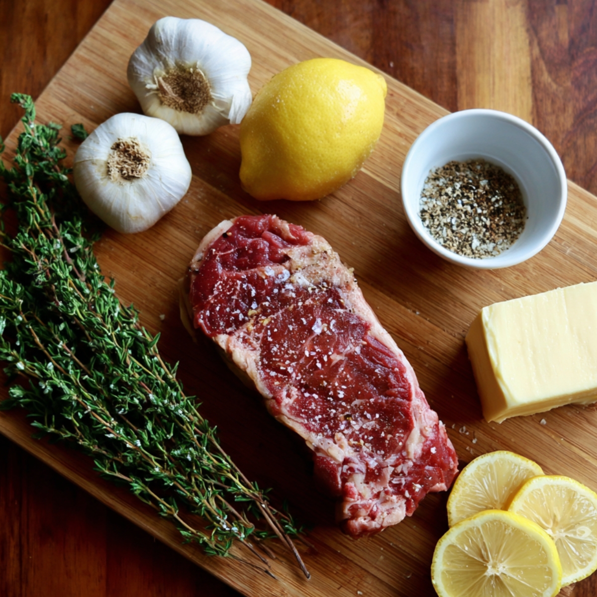 Raw steak on a wooden board with garlic, lemon, butter, thyme, and black pepper seasoning.