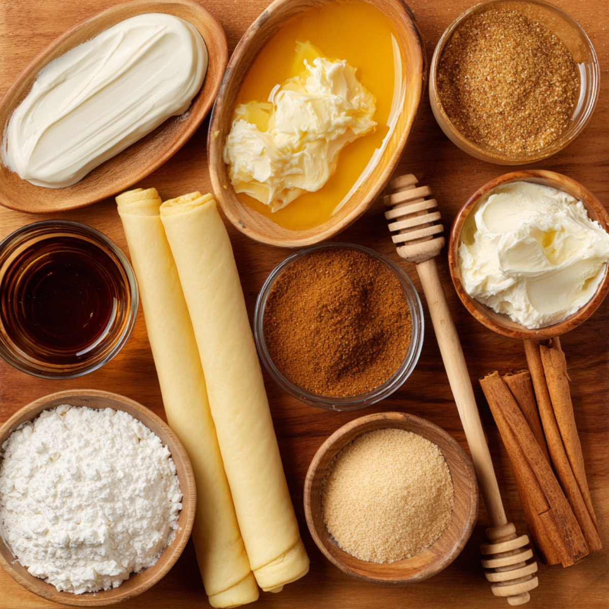 Assorted ingredients for making Sopapilla Cheesecake, including cream cheese, butter, sugar, cinnamon, flour, vanilla, and pastry dough arranged in bowls on a wooden surface."