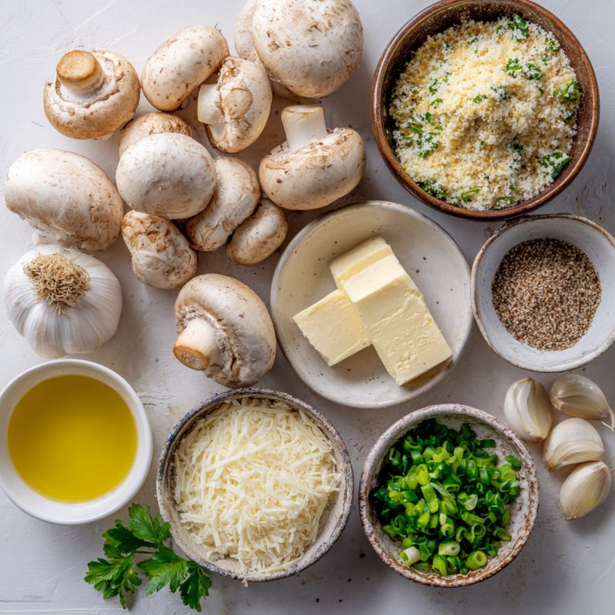 Ingredients for stuffed mushrooms, including fresh mushrooms, garlic, butter, cheese, breadcrumbs, and herbs.
