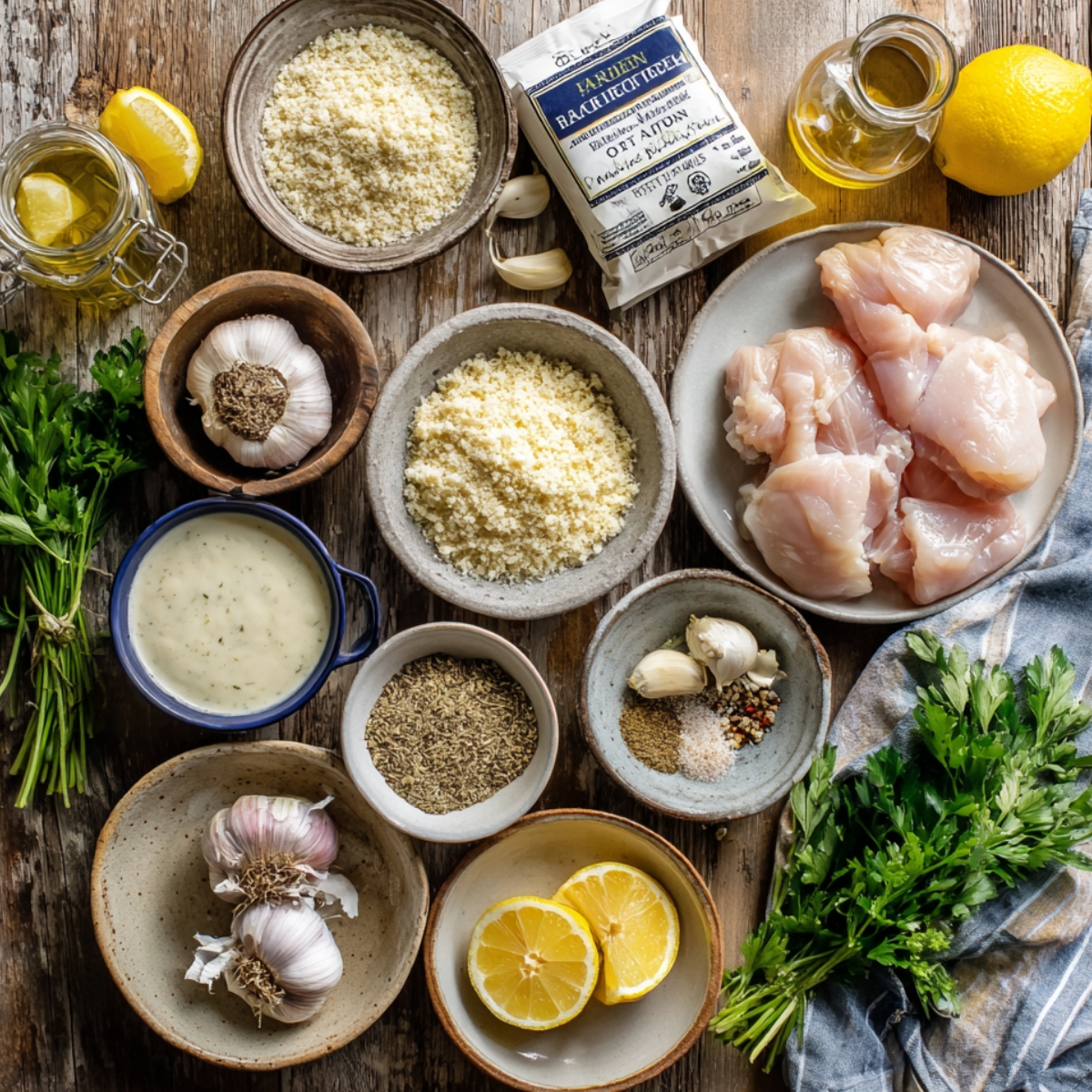 Ingredients for ranch garlic parmesan chicken skewers with chicken, cheese, garlic, lemon, and herbs.