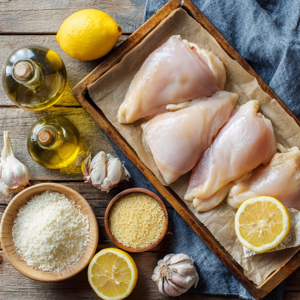 Fresh chicken, garlic, parmesan, breadcrumbs, olive oil, and lemons for skewers.