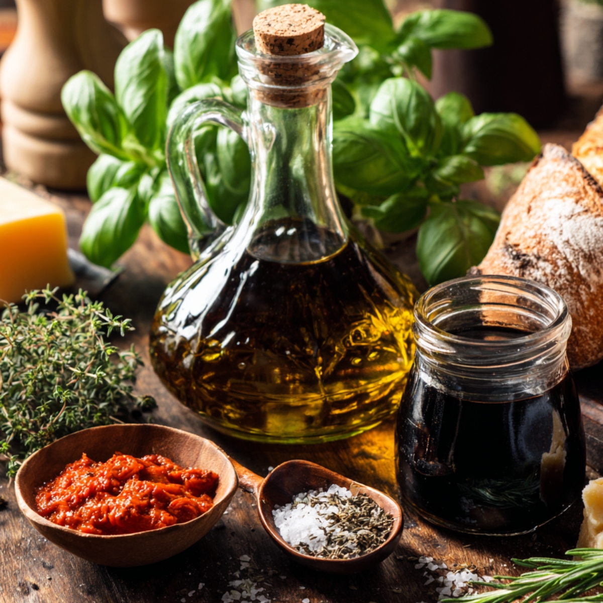 “Ratatouille flavor ingredients on a rustic table: olive oil, balsamic vinegar, tomato paste, fresh herbs, sea salt, bread, and cheese.”