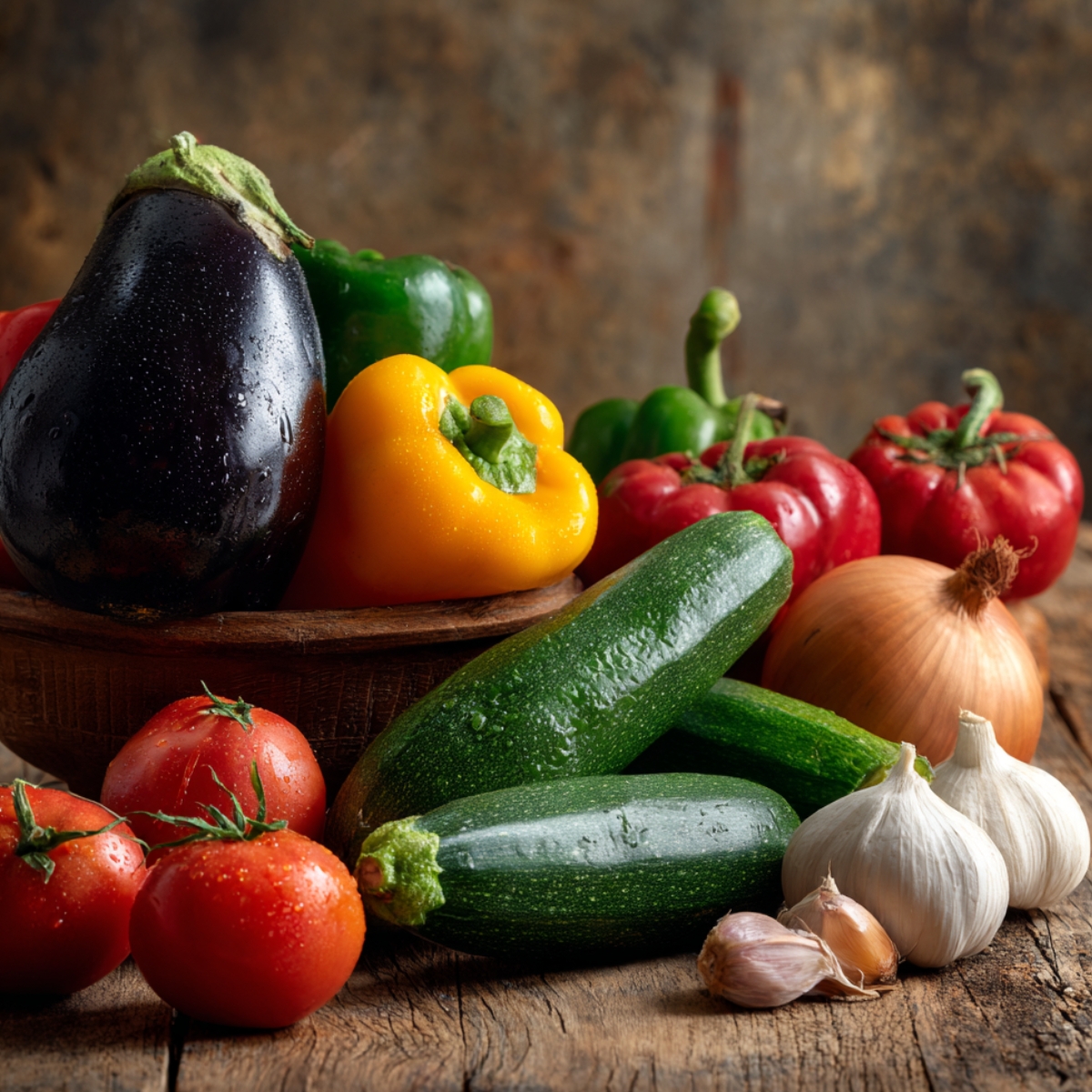 “Fresh ratatouille ingredients on a rustic table: eggplant, peppers, zucchini, tomatoes, onion, and garlic.”