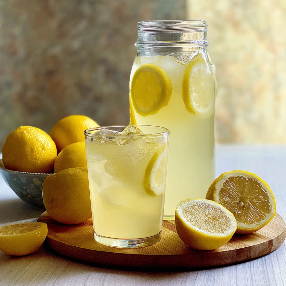 Whole and halved lemons arranged on a wooden cutting board, with a glass of lemonade in the background.