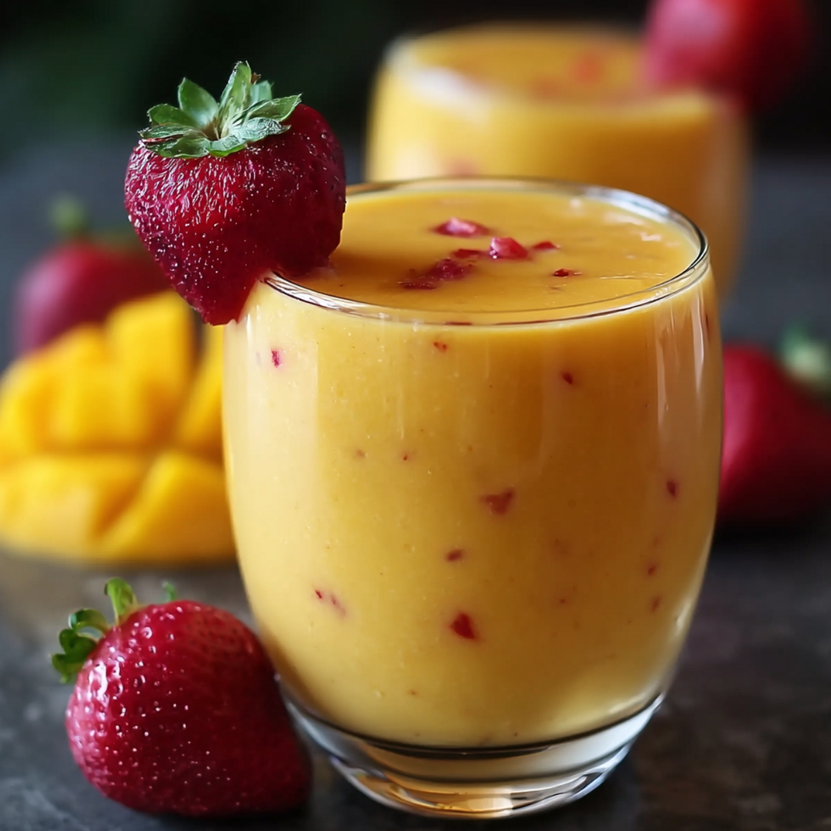 “A homemade mango strawberry smoothie in a clear glass, golden-orange with red strawberry specks, garnished with a fresh strawberry on the rim, with whole strawberries and diced mango in the background.”