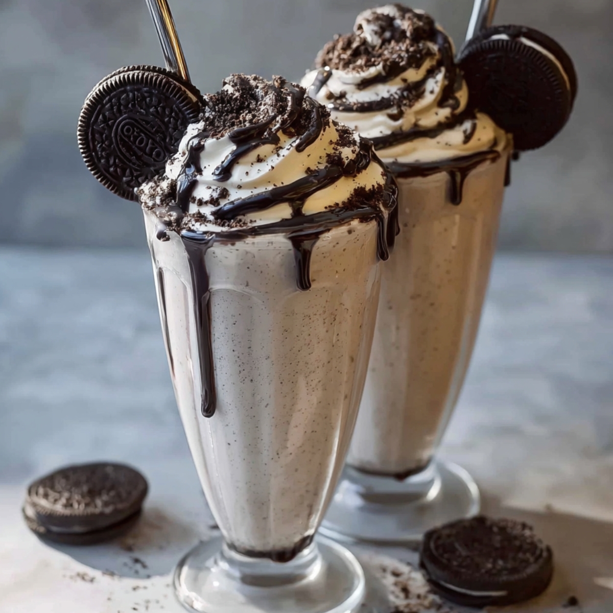 A creamy Oreo milkshake topped with crushed cookies, whipped cream swirls, and a chocolate drizzle.