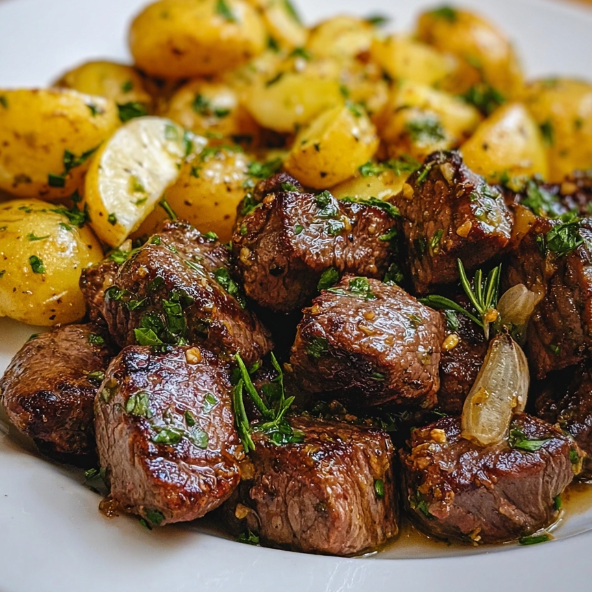 "Garlic steak bites and roasted potatoes served on a white plate, topped with fresh rosemary and herbs."