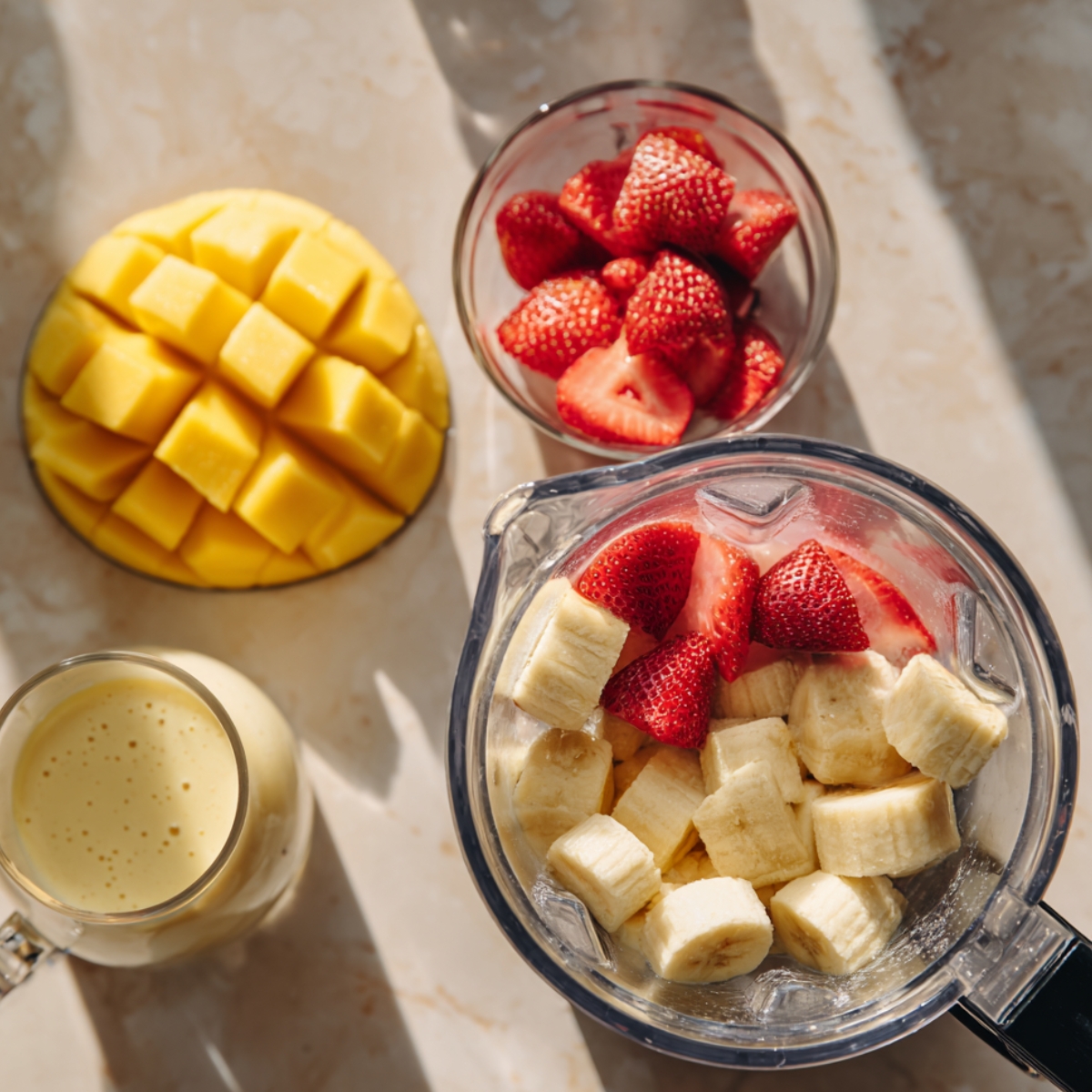 “Blender with bananas and strawberries, alongside diced mango and a glass of liquid.”
