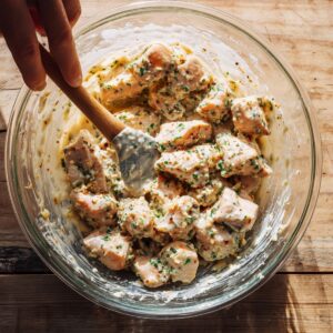 Chicken chunks marinating in creamy ranch garlic parmesan sauce in a glass bowl.