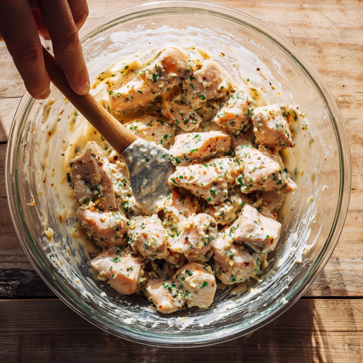 Chicken chunks marinating in creamy ranch garlic parmesan sauce in a glass bowl.