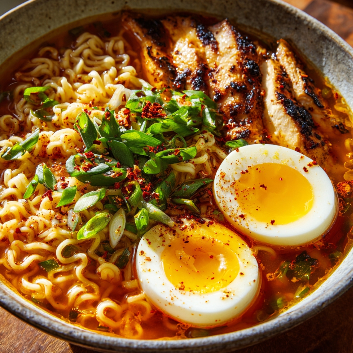 A bright bowl of ramen topped with grilled chicken, two halves of a soft-boiled egg, fresh scallions, and a spicy broth.