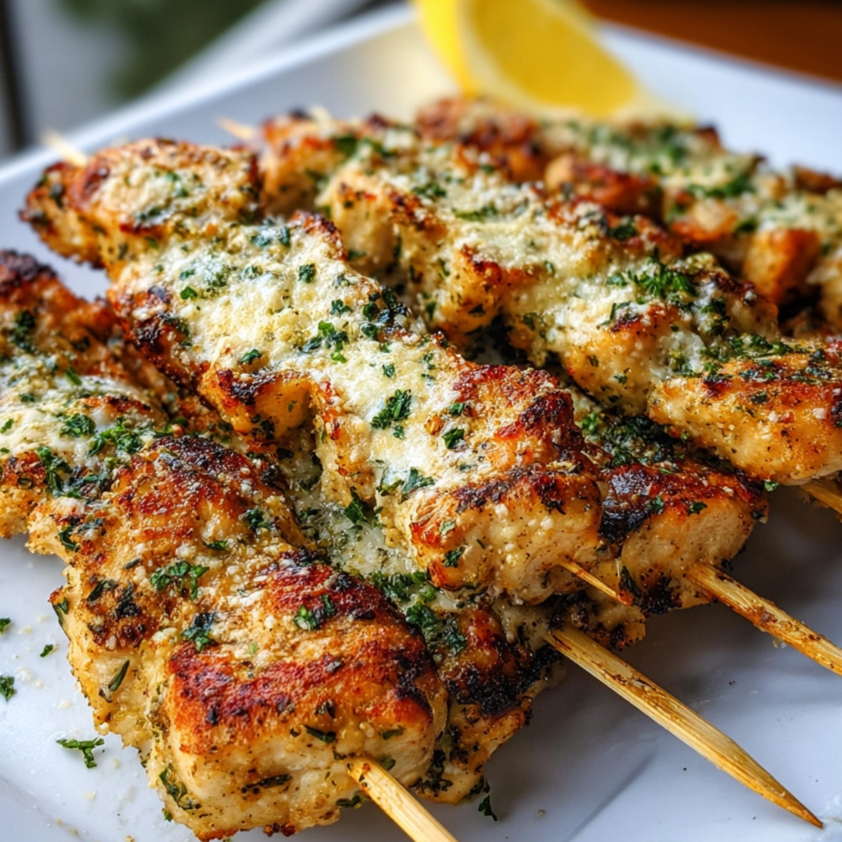 Homemade ranch garlic parmesan chicken skewers, golden and crispy with parsley and lemon garnish.