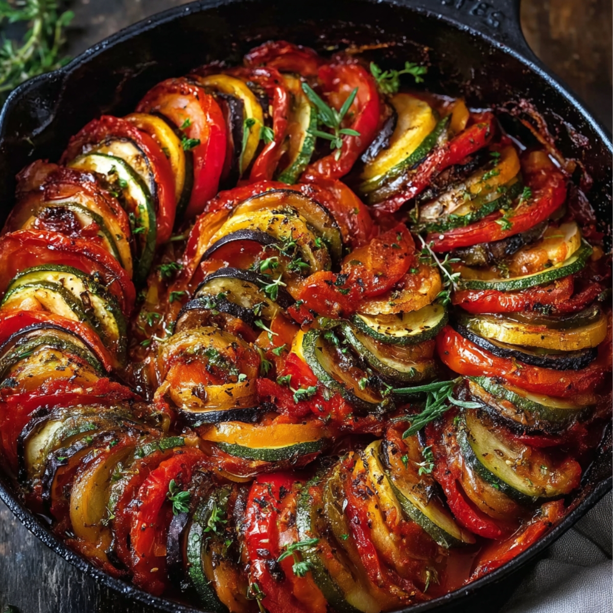 “Ratatouille in a cast-iron skillet with layered zucchini, eggplant, tomato, and squash, roasted with herbs.”