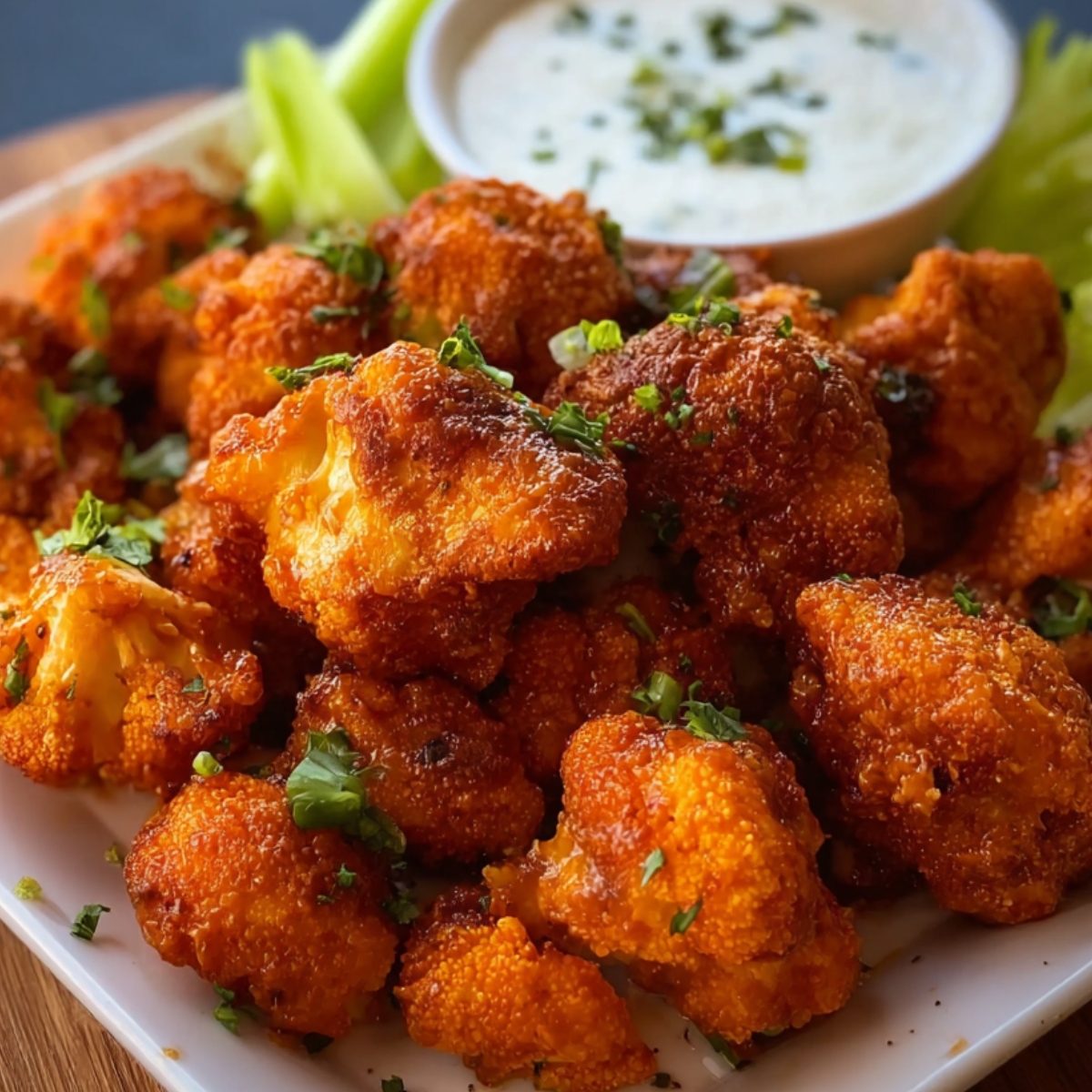 Crispy buffalo cauliflower on a plate with celery and dipping sauce.”
