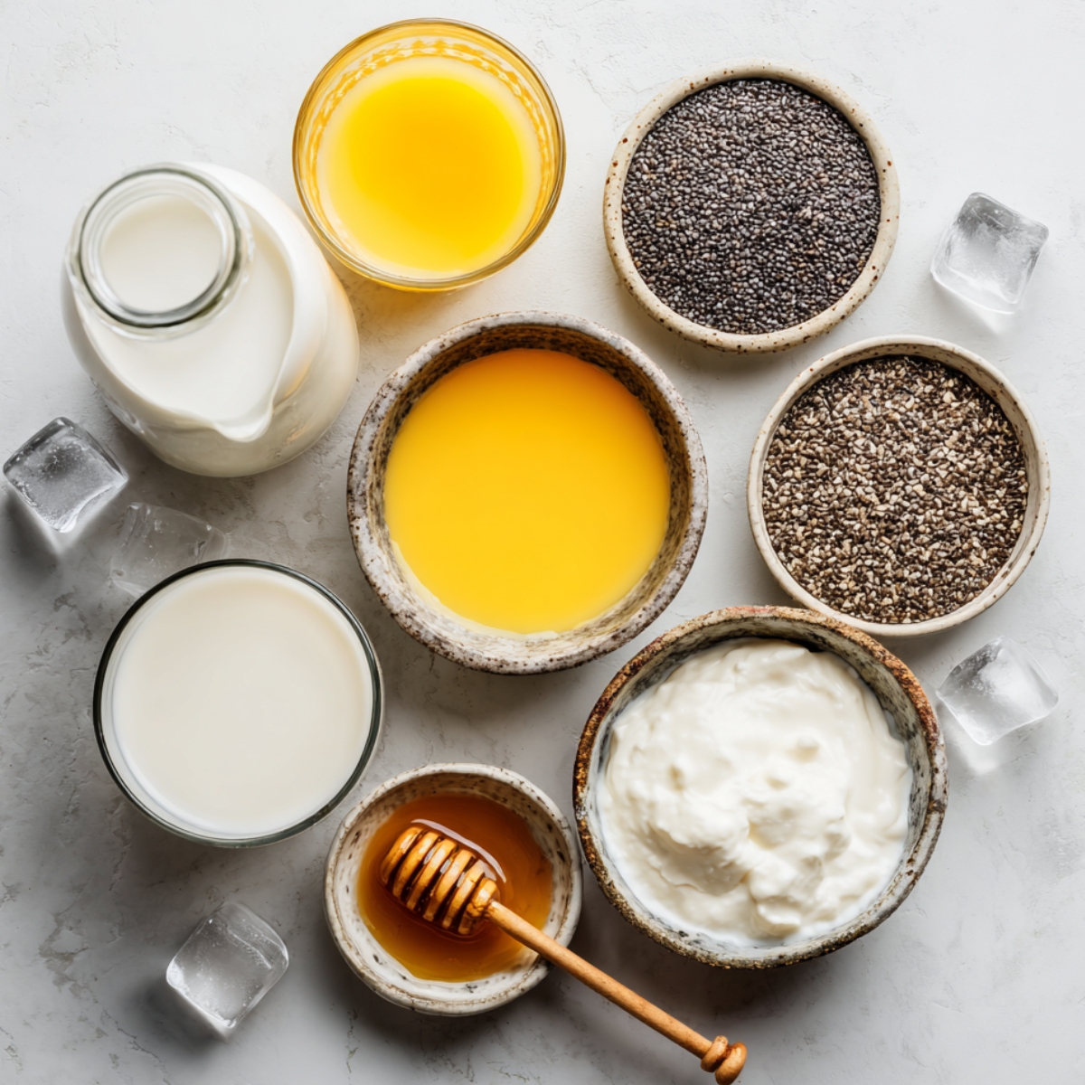 “Milk, orange juice, yogurt, honey, chia seeds, and ice cubes.”