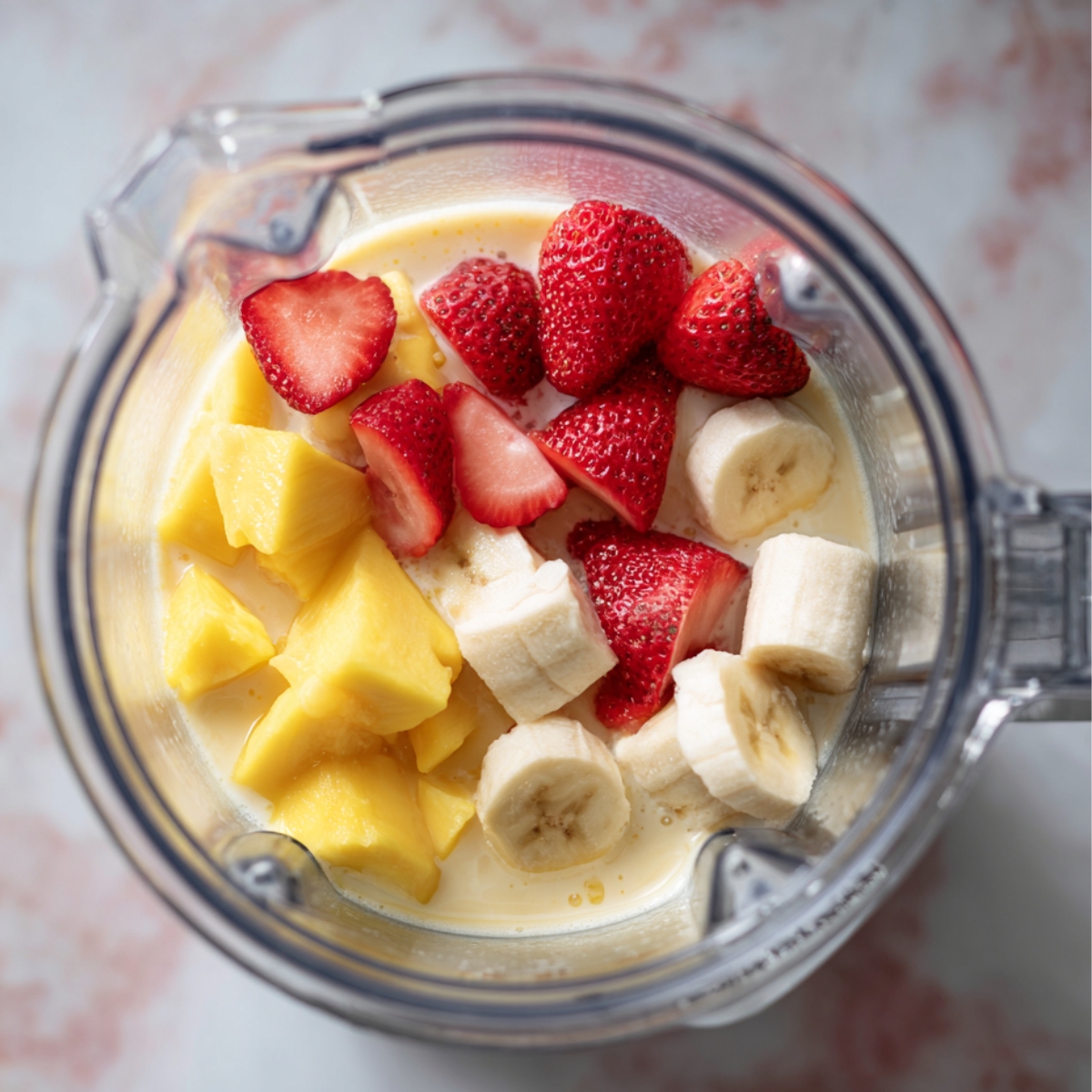 “Top view of a blender with mango chunks, strawberries, and banana slices in a creamy liquid base, ready to blend.”
