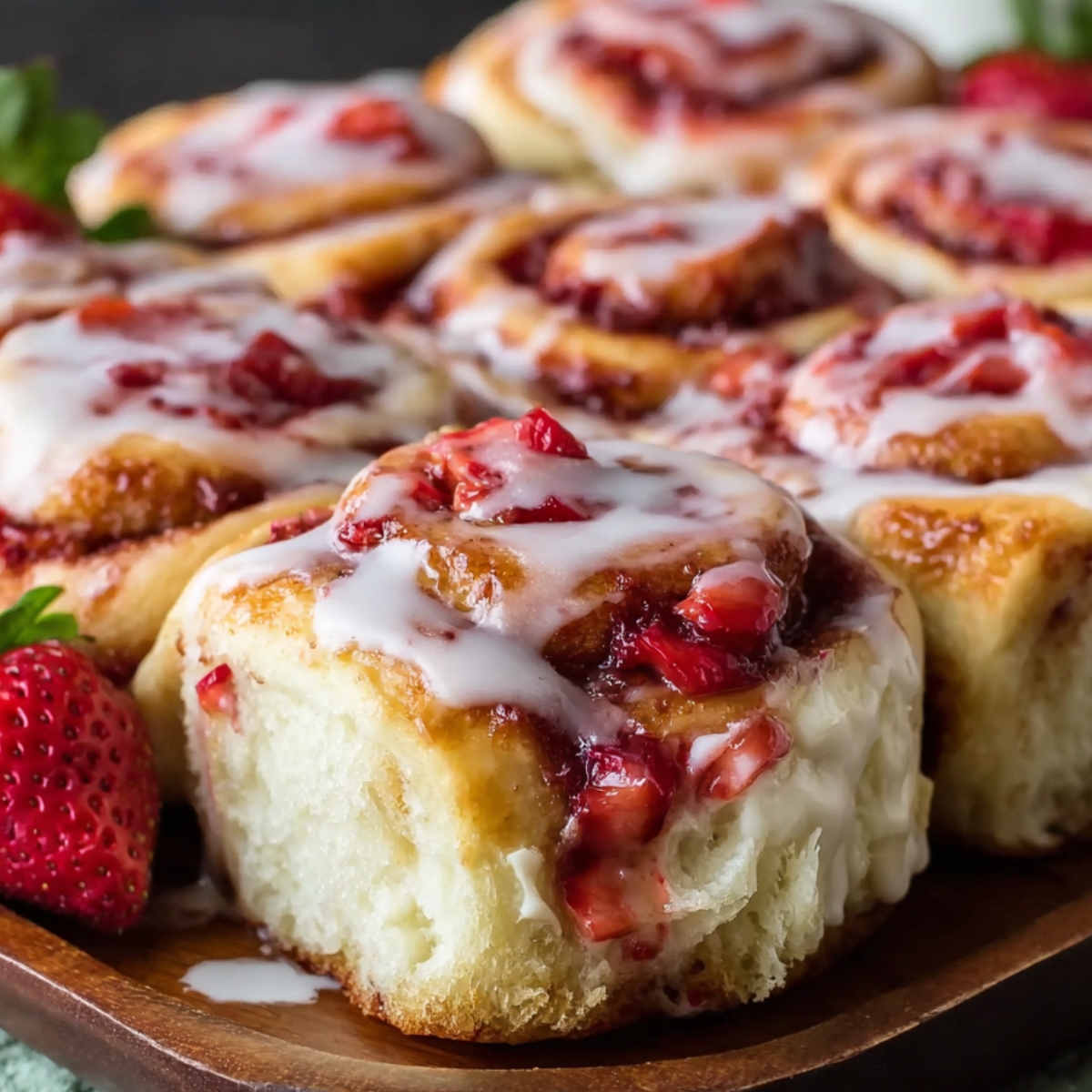 Freshly baked strawberry cheesecake cinnamon rolls topped with creamy glaze and fresh strawberries, served on a plate.