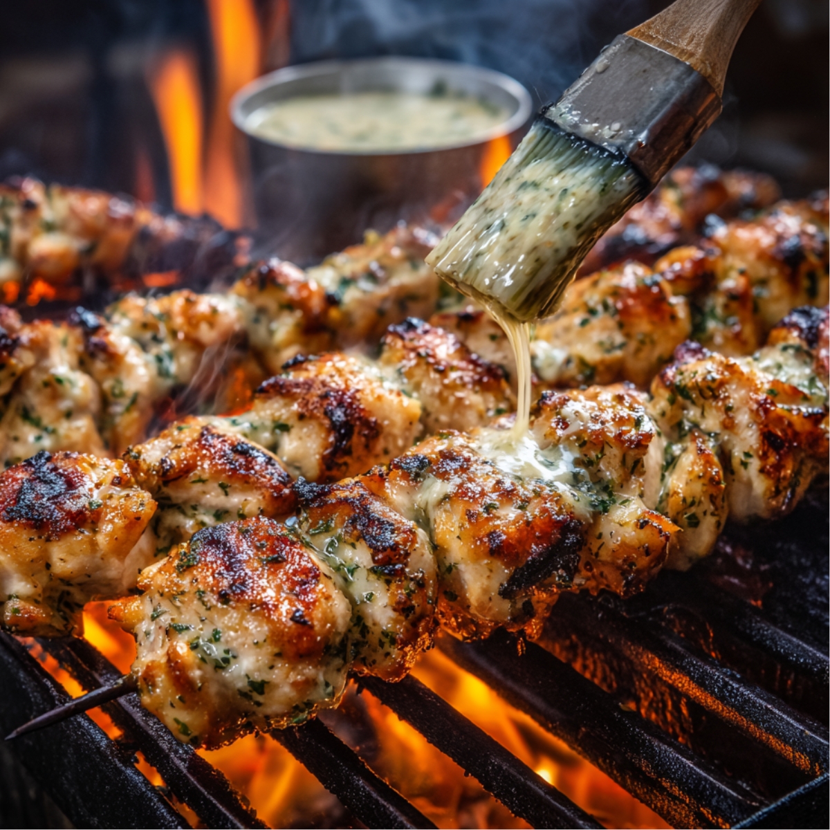 Grilled ranch garlic parmesan chicken skewers brushed with buttery garlic sauce over flames.
