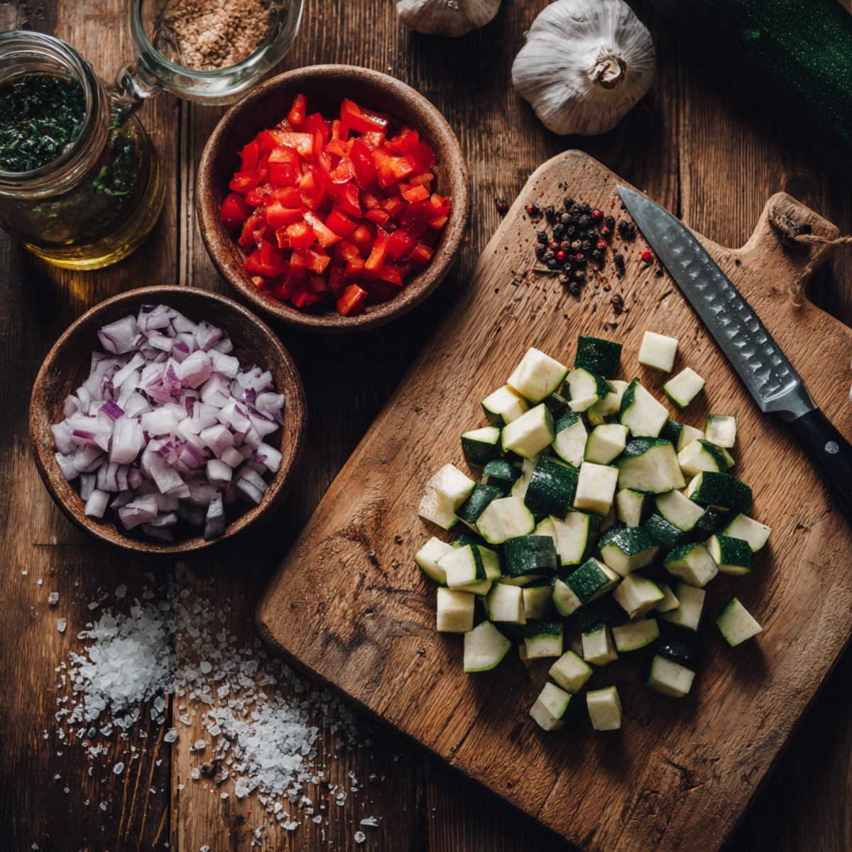 “Chopped zucchini, peppers, and onions prepared for ratatouille on a rustic cutting board with garlic, oil, herbs, and salt.”