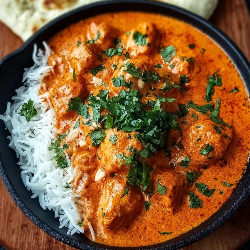 Butter chicken served with white rice, garnished with fresh cilantro.