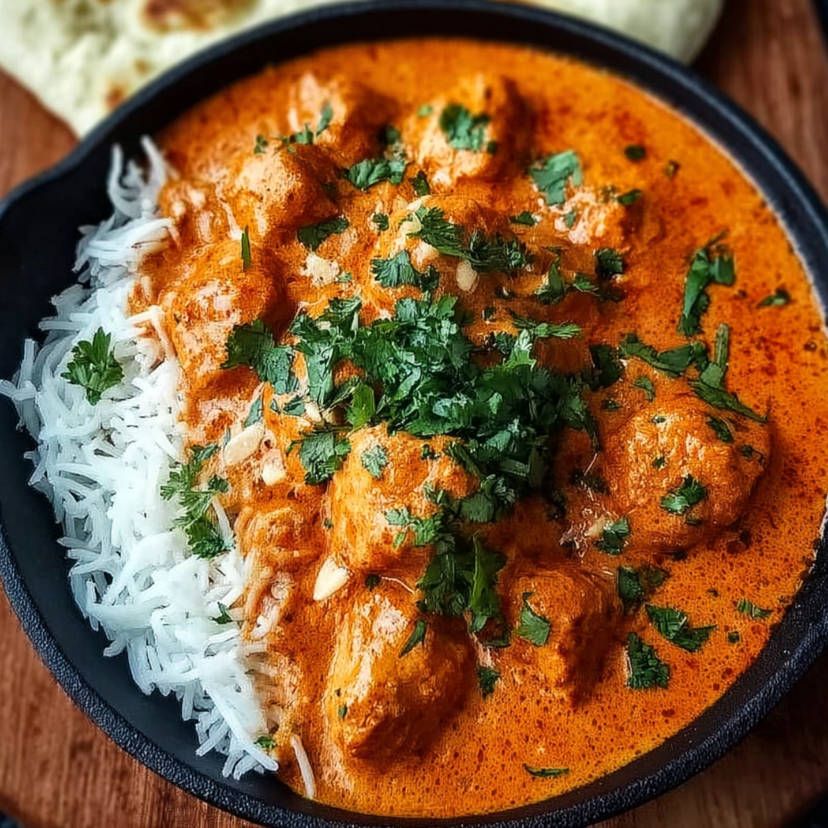 Butter chicken served with white rice, garnished with fresh cilantro.