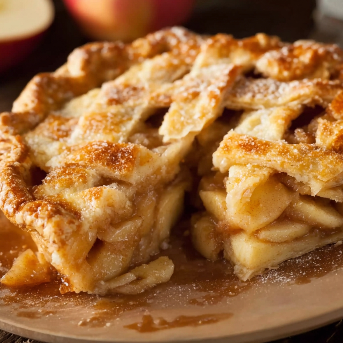 Baked apple pie with a lattice top, partially cut to reveal spiced apple filling inside.