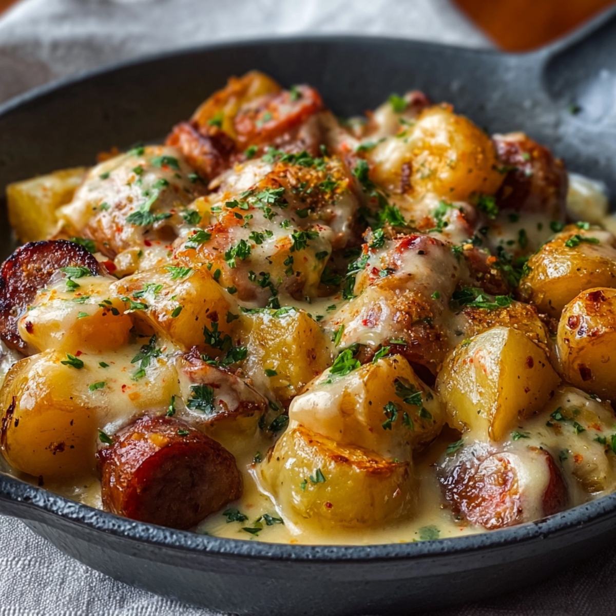 Cheesy ranch potatoes and sausage served in a skillet, garnished with fresh herbs and melted golden cheese.