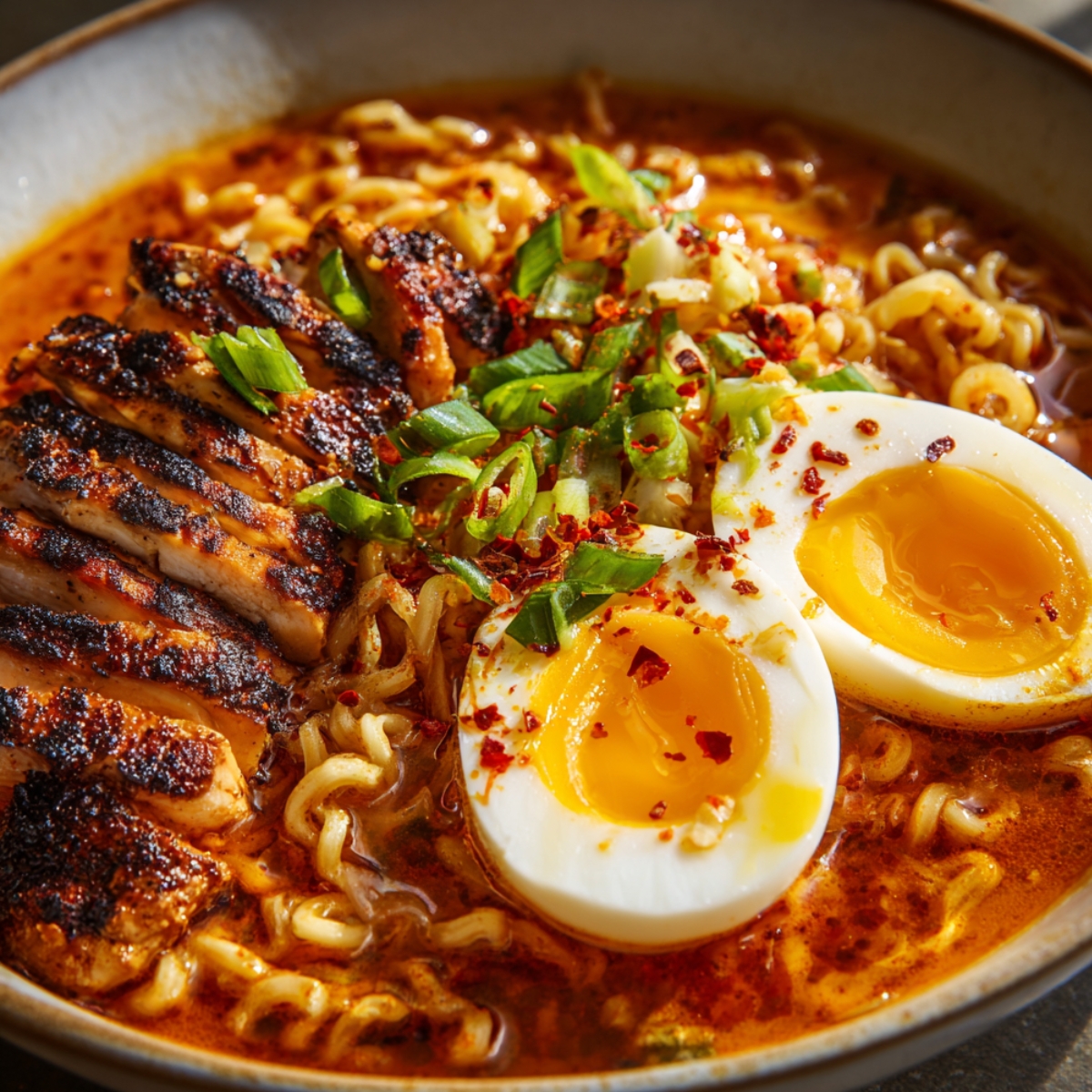 A hearty ramen dish served with grilled chicken slices, half a soft-boiled egg, scallions, and chili flakes in a spicy red broth.