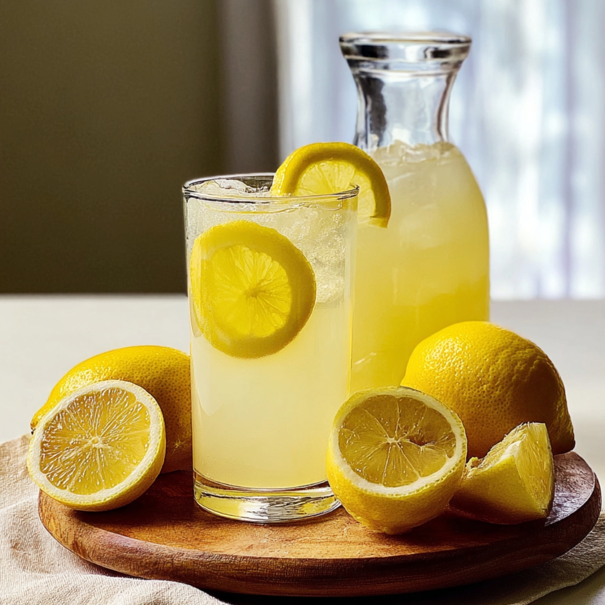 A tall glass of lemonade with ice cubes and lemon slices, placed beside halved lemons and a small bowl of sugar.