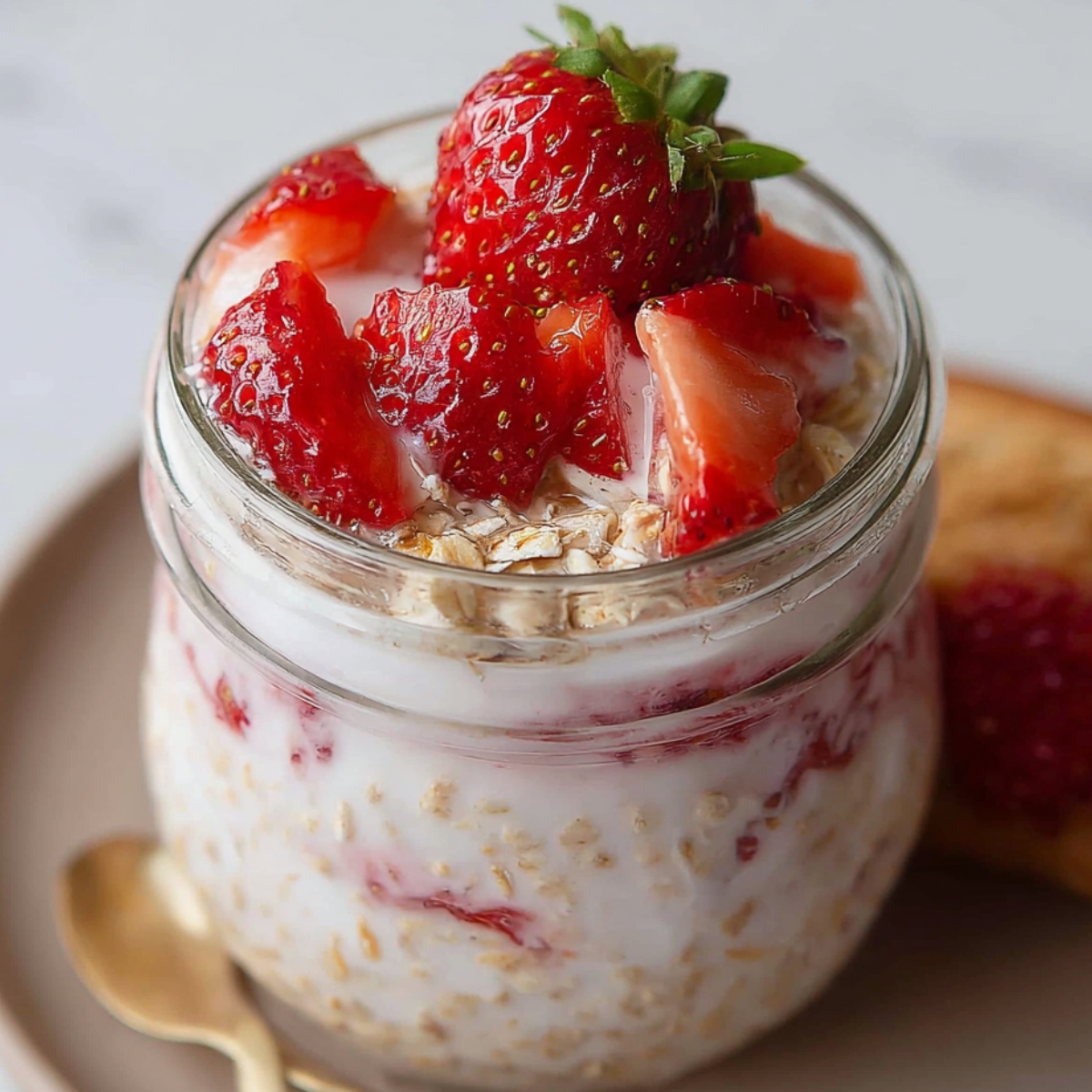 A small jar of overnight oats topped with fresh strawberries and granola, set on a plate with a gold spoon, showing a creamy strawberry and oat mixture inside.
