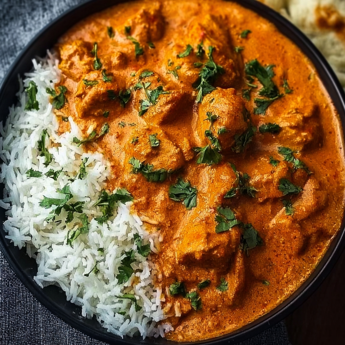 Butter Chicken Recipe curry with steamed rice and cilantro garnish