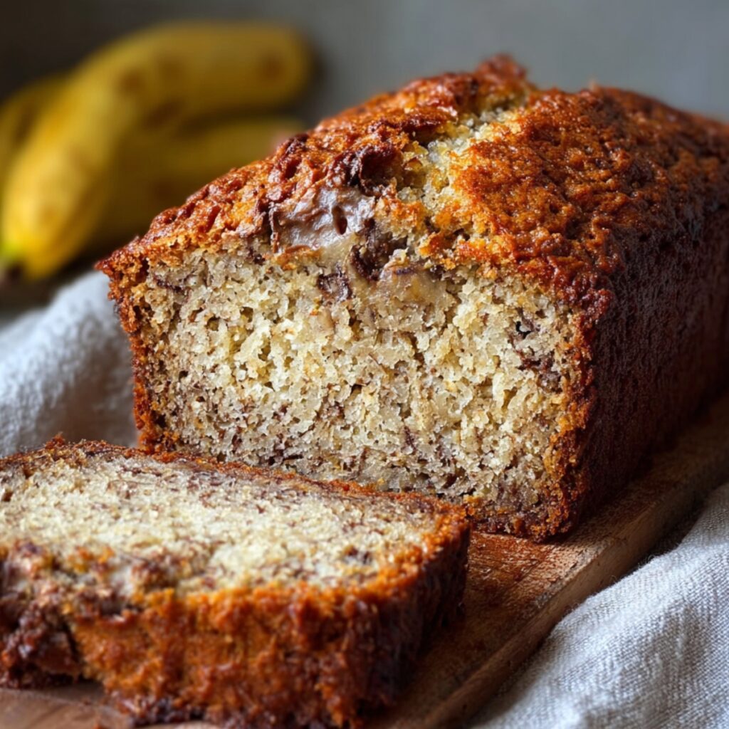 A moist Banana Bread Recipe loaf with visible melted chocolate chunks inside, sliced to reveal its soft, rich texture, with bananas blurred in the background.