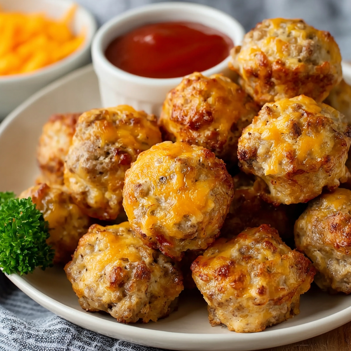 Cheesy Bisquick Sausage Balls on a plate with parsley garnish and a bowl of ketchup.