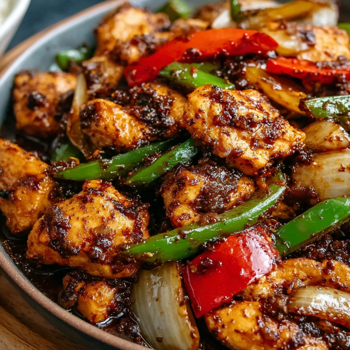 Close-up of stir-fried Black Pepper Chicken pieces coated in a dark black pepper sauce with sautéed onions, red bell peppers, and green bell peppers in a serving bowl.