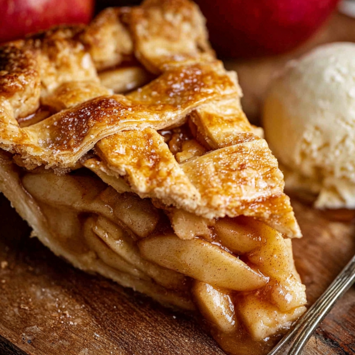 Slice of Apple Pie Recipe served with vanilla ice cream on a wooden board, showing flaky crust and cinnamon apple filling.