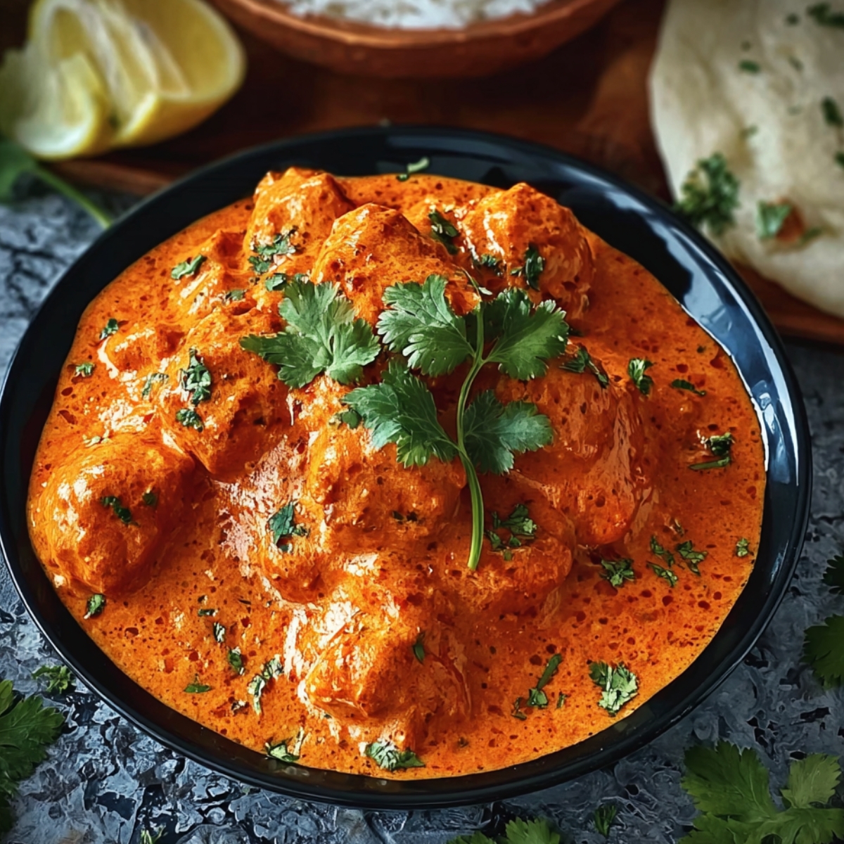 A serving bowl of Butter Chicken Recipe in a rich orange sauce, garnished with fresh coriander leaves, with lemon wedges and naan bread in the background.