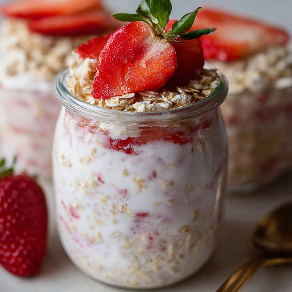 A glass jar filled with overnight oats layered with yogurt, oats, and fresh strawberries, topped with sliced strawberries and a sprinkle of oats, placed beside a gold spoon.