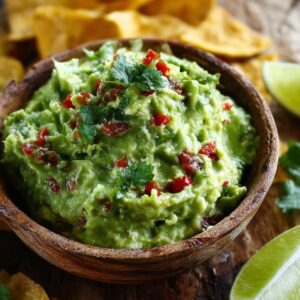A close-up of a wooden bowl filled with chunky guacamole recipe , garnished with cilantro and red chili, with lime wedges and tortilla chips in the background.