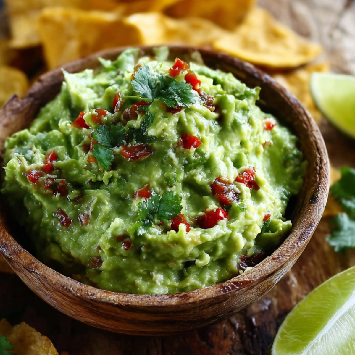 A close-up of a wooden bowl filled with chunky guacamole recipe , garnished with cilantro and red chili, with lime wedges and tortilla chips in the background.