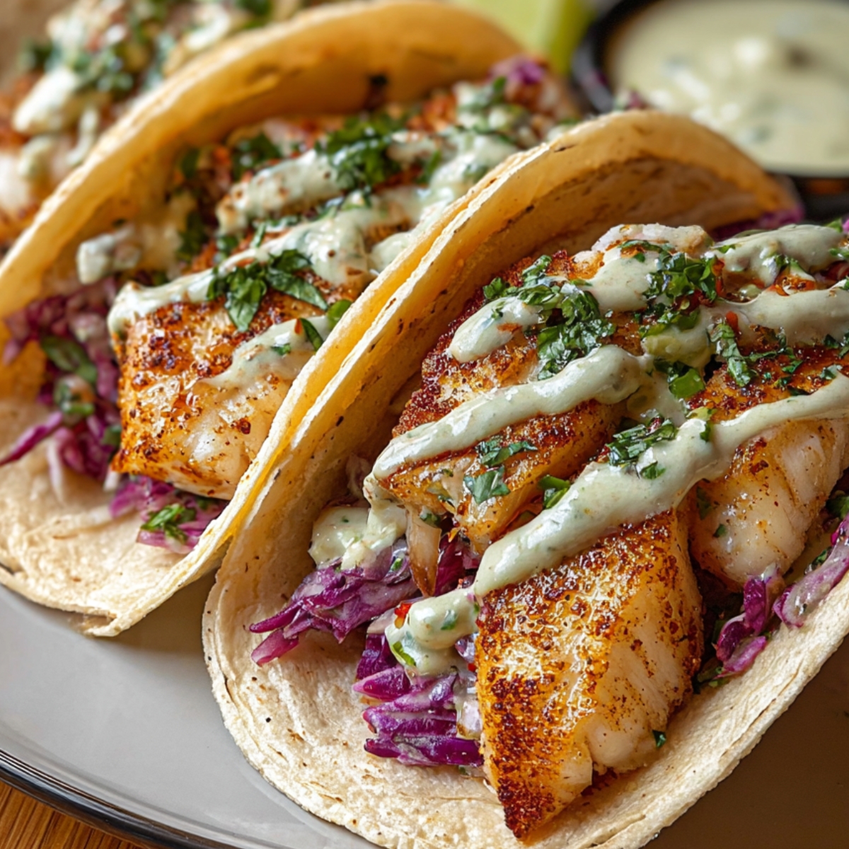 Homemade fish tacos served with lime wedges and sauc