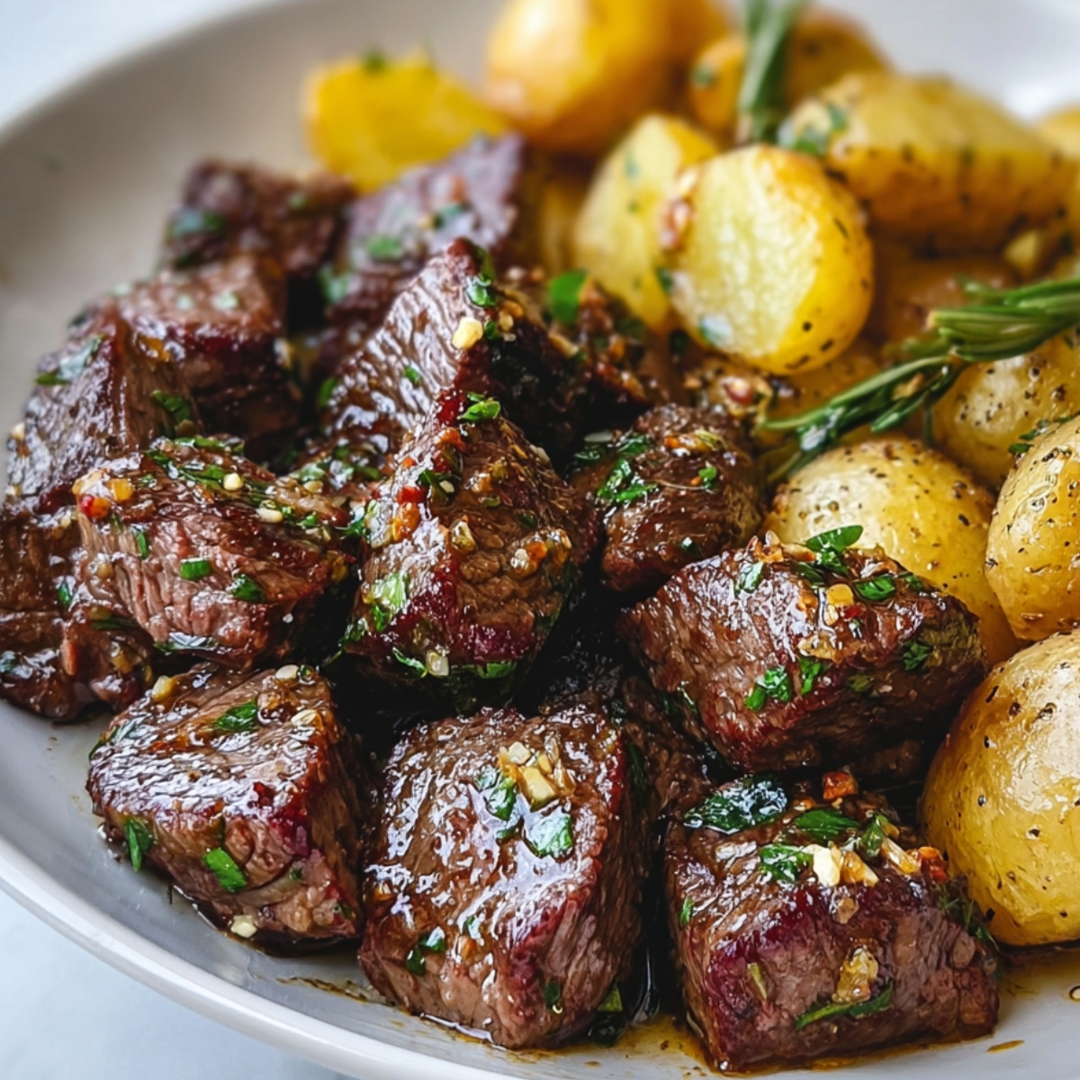 "Tender Garlic Steak Bites And Potatoes bites with golden roasted potatoes, garnished with fresh herbs on a plate."