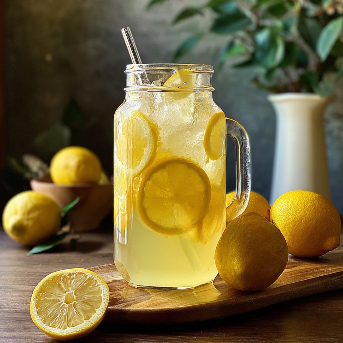 A clear glass pitcher filled with homemade Lemonade Recipe, lemon slices floating inside, and glasses of lemonade served with ice.