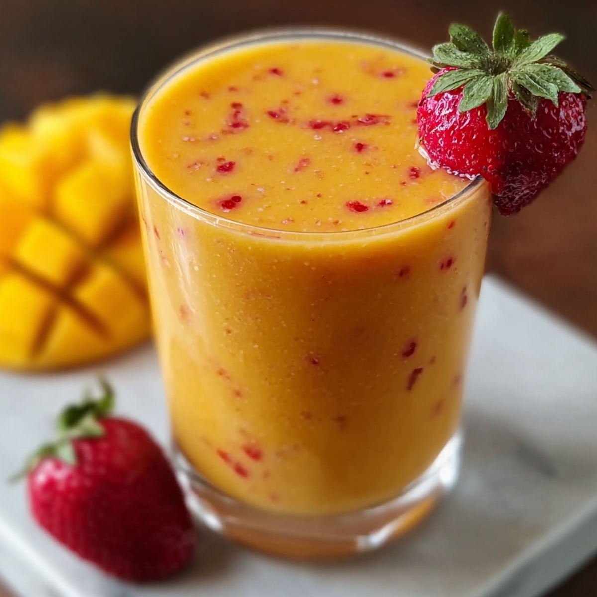 “A homemade mango strawberry smoothie in a clear glass, golden-orange with red strawberry specks, garnished with a fresh strawberry on the rim, with whole strawberries and diced mango in the background.”