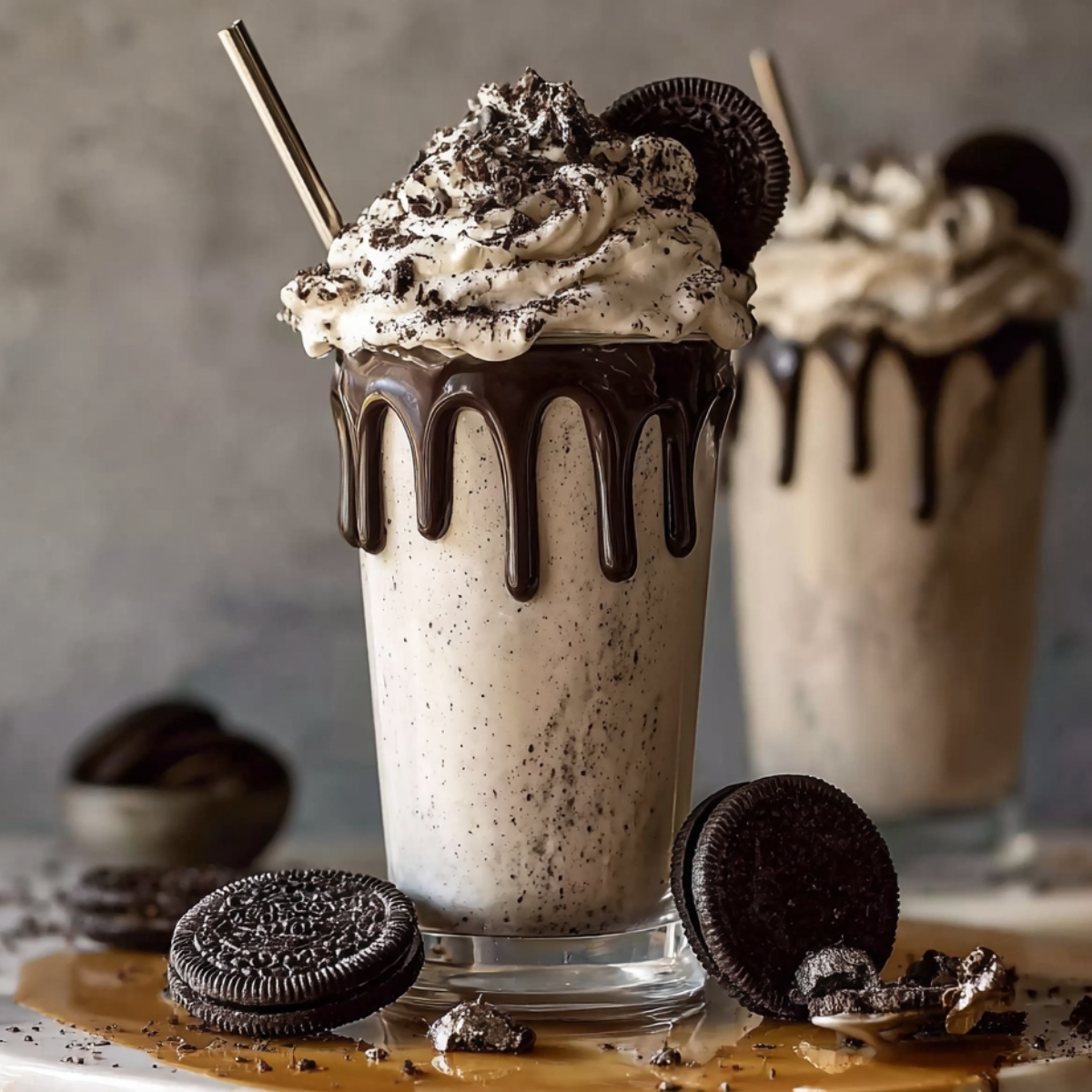 homemade Oreo Milkshake Recipe in a tall glass, decorated with whipped cream, chocolate syrup, and whole Oreo cookies on the side.