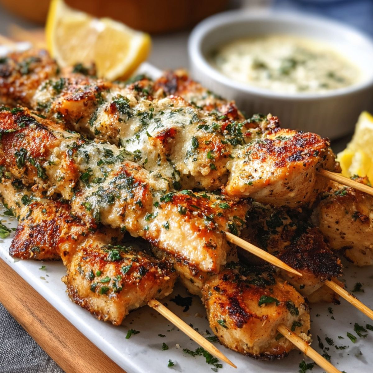 Homemade ranch garlic parmesan chicken skewers, golden-brown and grilled, served on a white platter with parsley, lemon wedges, and ranch dipping sauce.