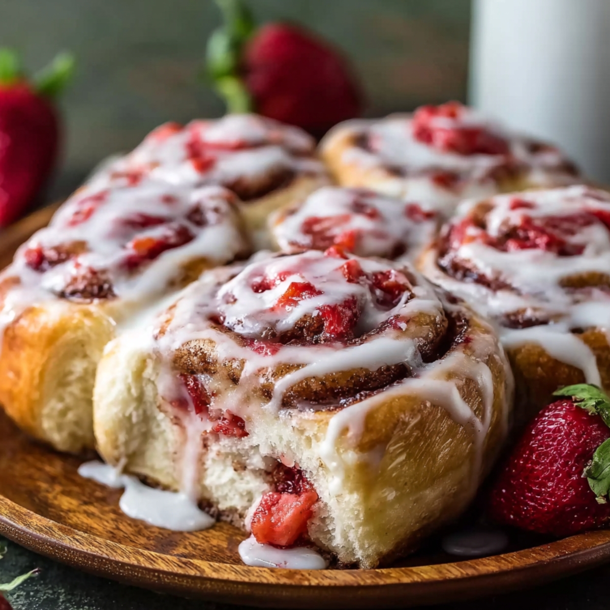 Homemade strawberry cheesecake cinnamon rolls in a baking dish, topped with a generous cream cheese glaze.